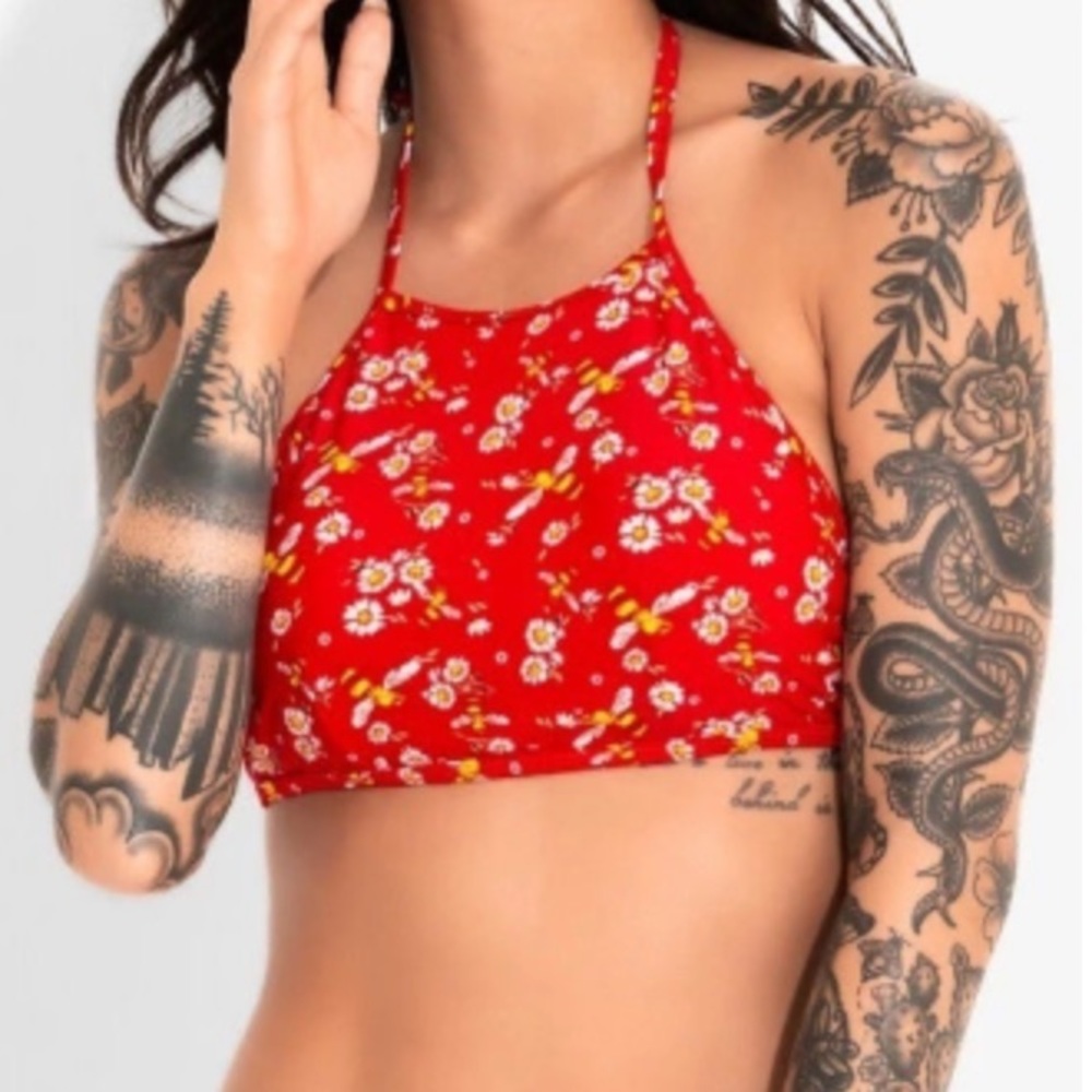 New Hot Topic Daisy and Bumblebee Red Halter Swim Top sz L
